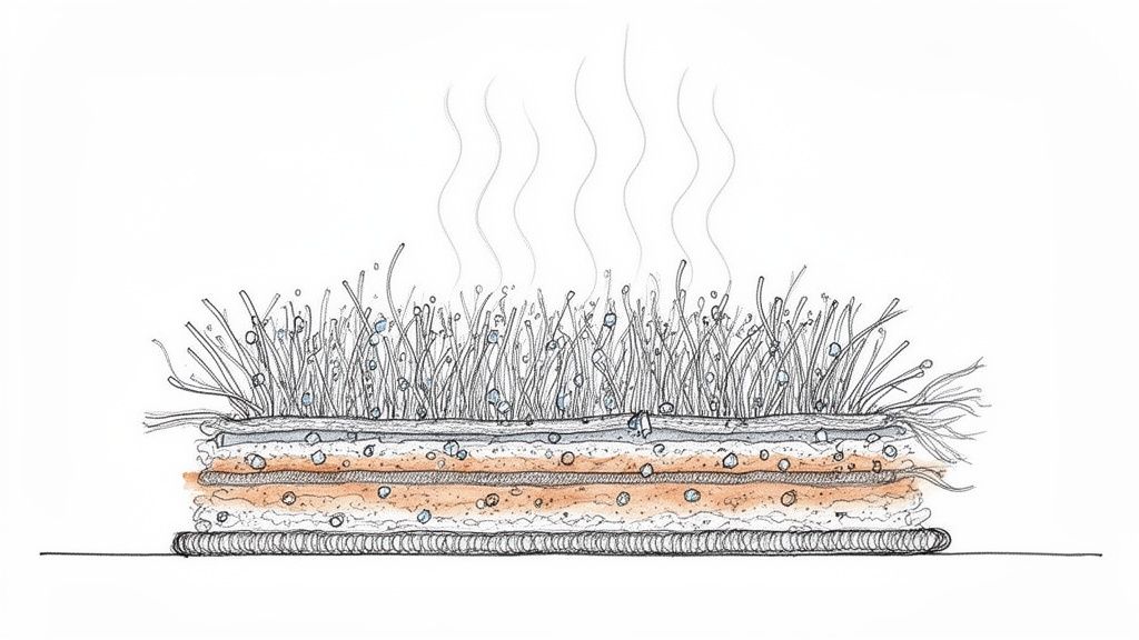 Cross-section of carpet showing layers, grass-like fibers, water droplets, and steam, illustrating liquid absorption.
