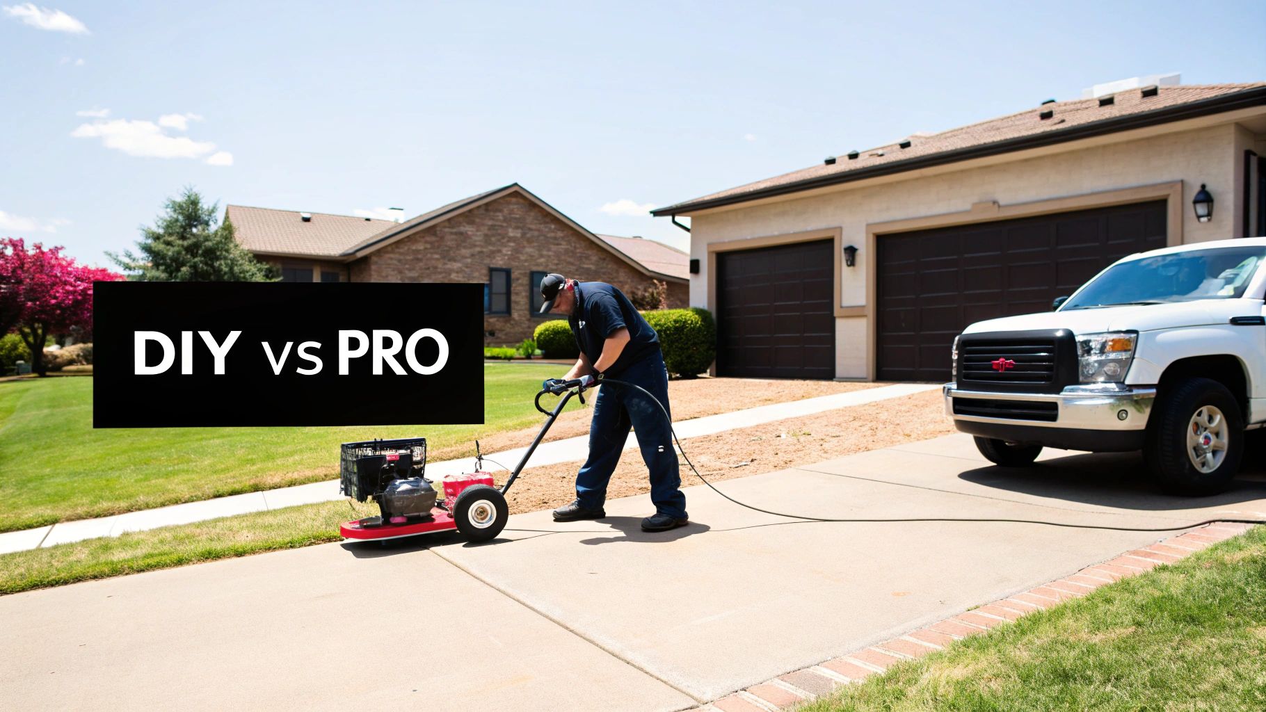 Professional operating a gas-powered lawn aerator machine on a concrete driveway near a house.