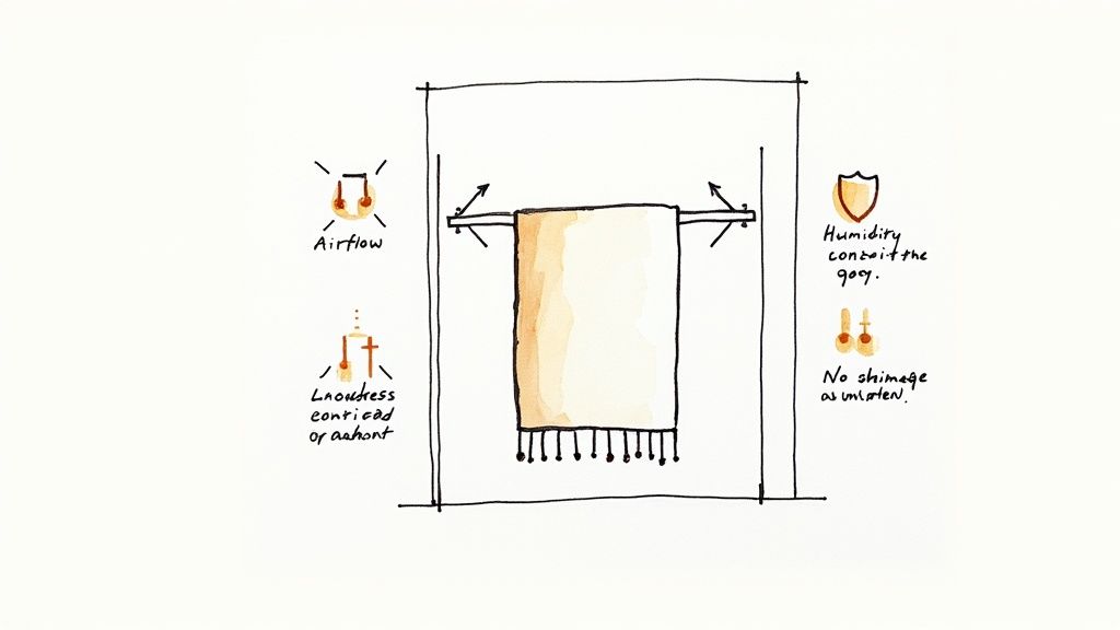 A hand-drawn diagram illustrating a rug hanging for drying, with notes on airflow, humidity control, and preventing shrinkage.