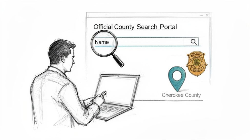 A man uses a laptop to search an official county portal for a name in Cherokee County.