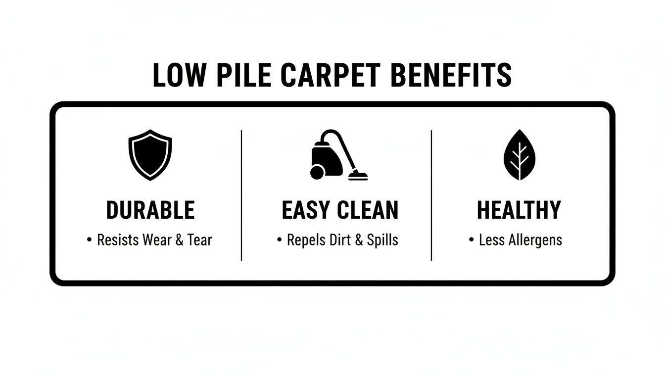 A graphic illustrating the benefits of low pile carpet, highlighting durability, easy cleaning, and health.