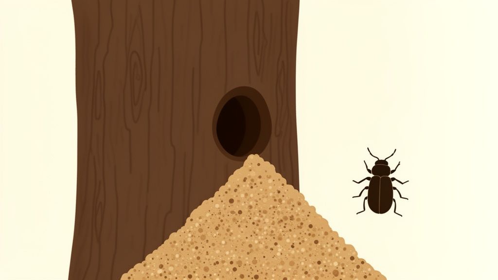 A tree trunk with a dark hole and a pile of sawdust, next to a beetle, indicating pest infestation.