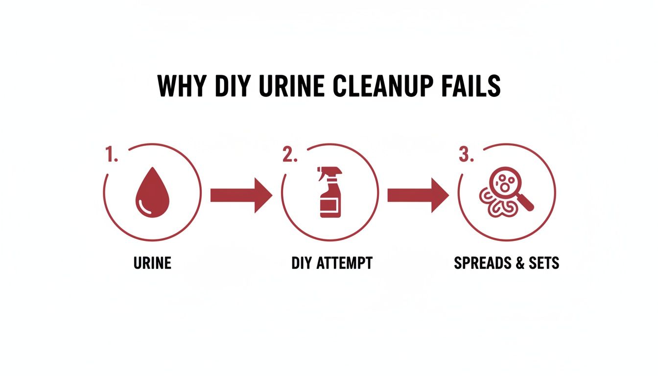 Flowchart explaining why DIY urine cleanup fails, showing urine, DIY attempt, and spreading stains.