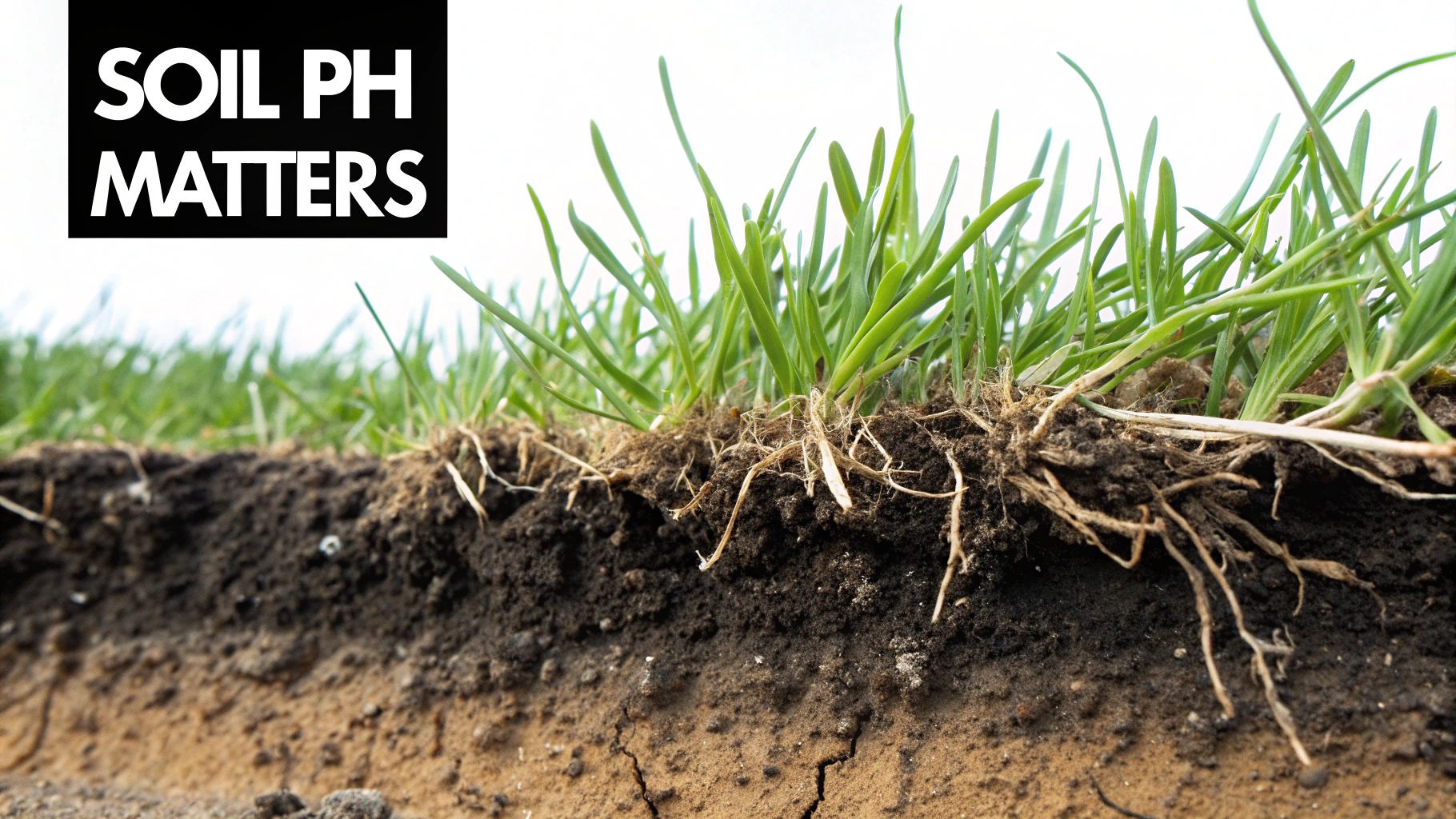 Close-up of grass roots in a soil cross-section with text 'SOIL PH MATTERS'.