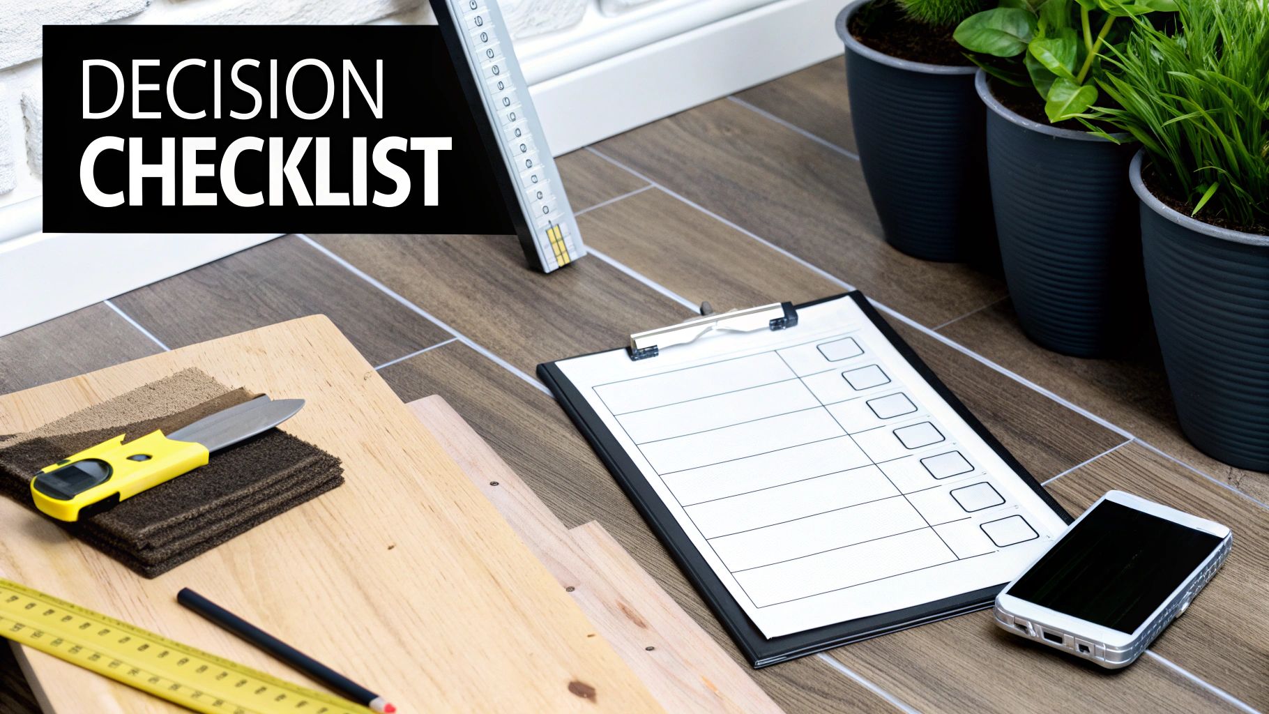 A decision checklist, flooring samples, and renovation tools on a tiled floor, ready for home planning.