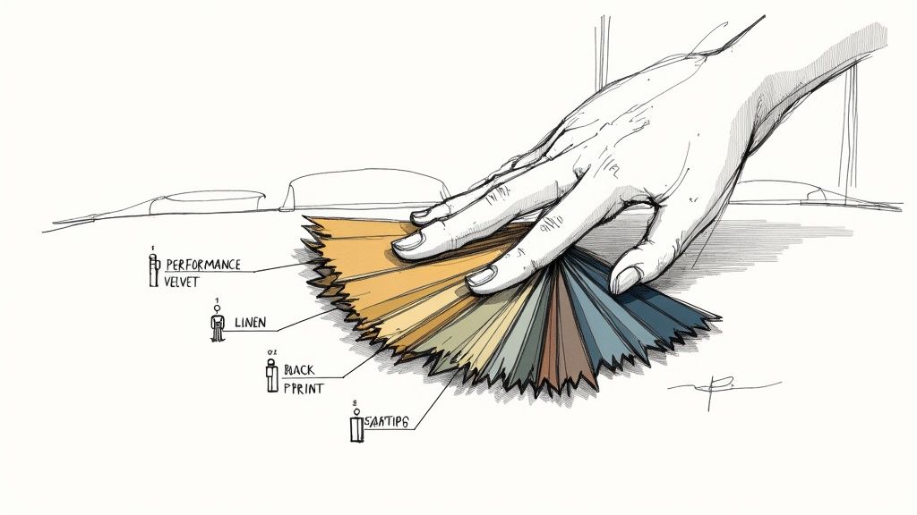 A hand selects from a fan of colorful fabric swatches, labeled with names like velvet, linen, and print.