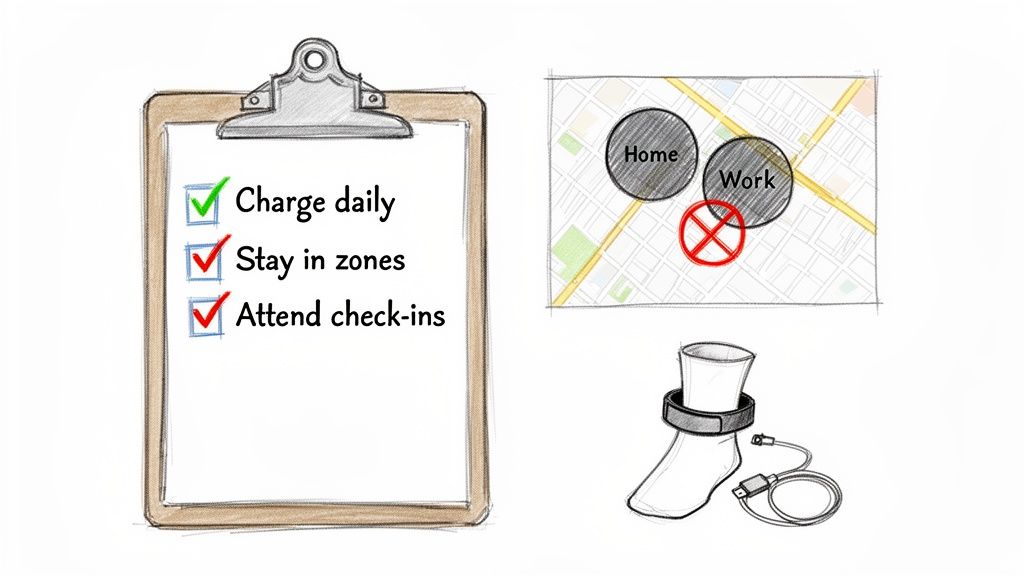 Illustration of an ankle monitor, checklist, and a map showing geofencing rules.