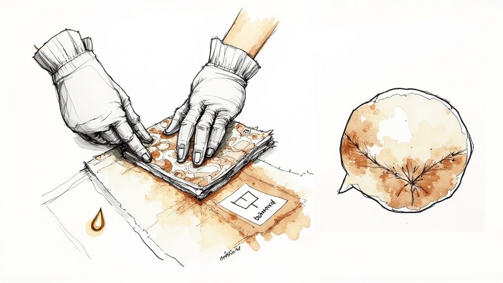 Illustration of gloved hands handling multiple brown-stained papers, with a coffee-stained speech bubble.