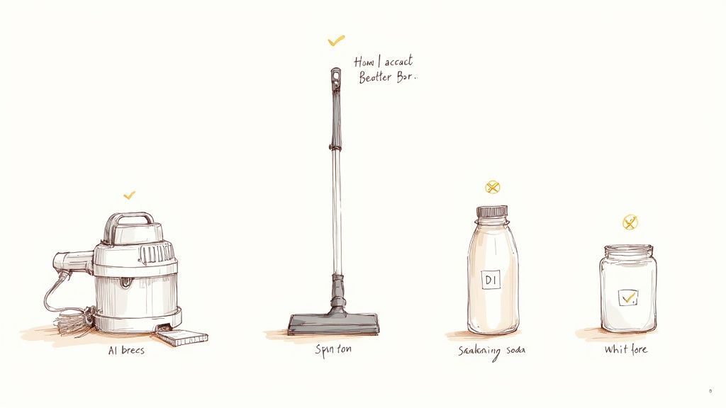 Sketch of a canister vacuum, an upright vacuum, a bottle, and a jar, with checkmarks and crosses.