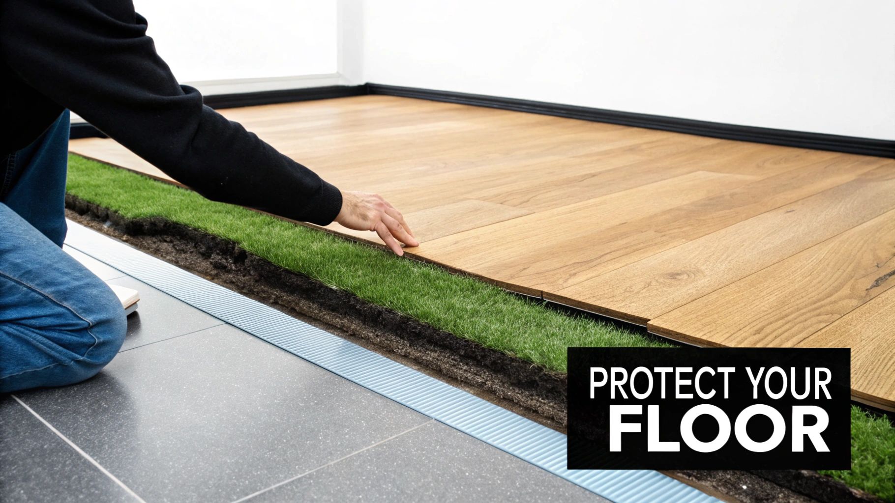 Person installing hardwood flooring planks over a grass-like underlayment with a blue drainage strip. Text: 'PROTECT YOUR FLOOR'.