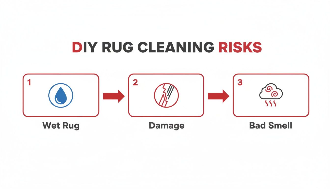 A flowchart illustrating DIY rug cleaning risks: wet rug, potential damage, and bad smell.