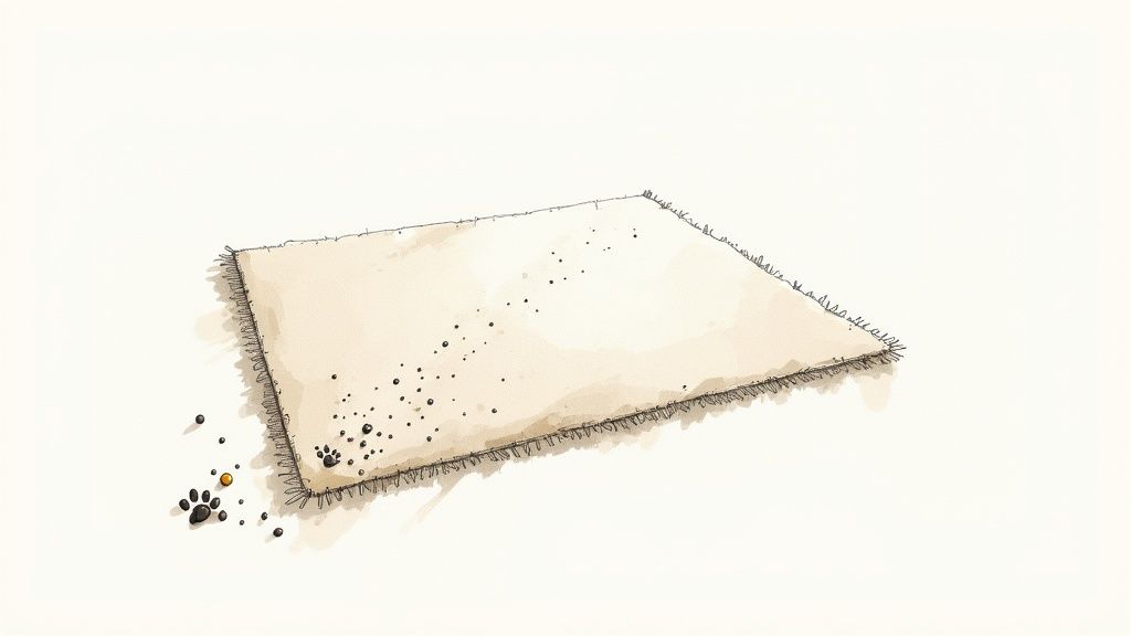 Illustration of a beige rug with dark spots and paw prints, suggesting pet mess, on a white background.