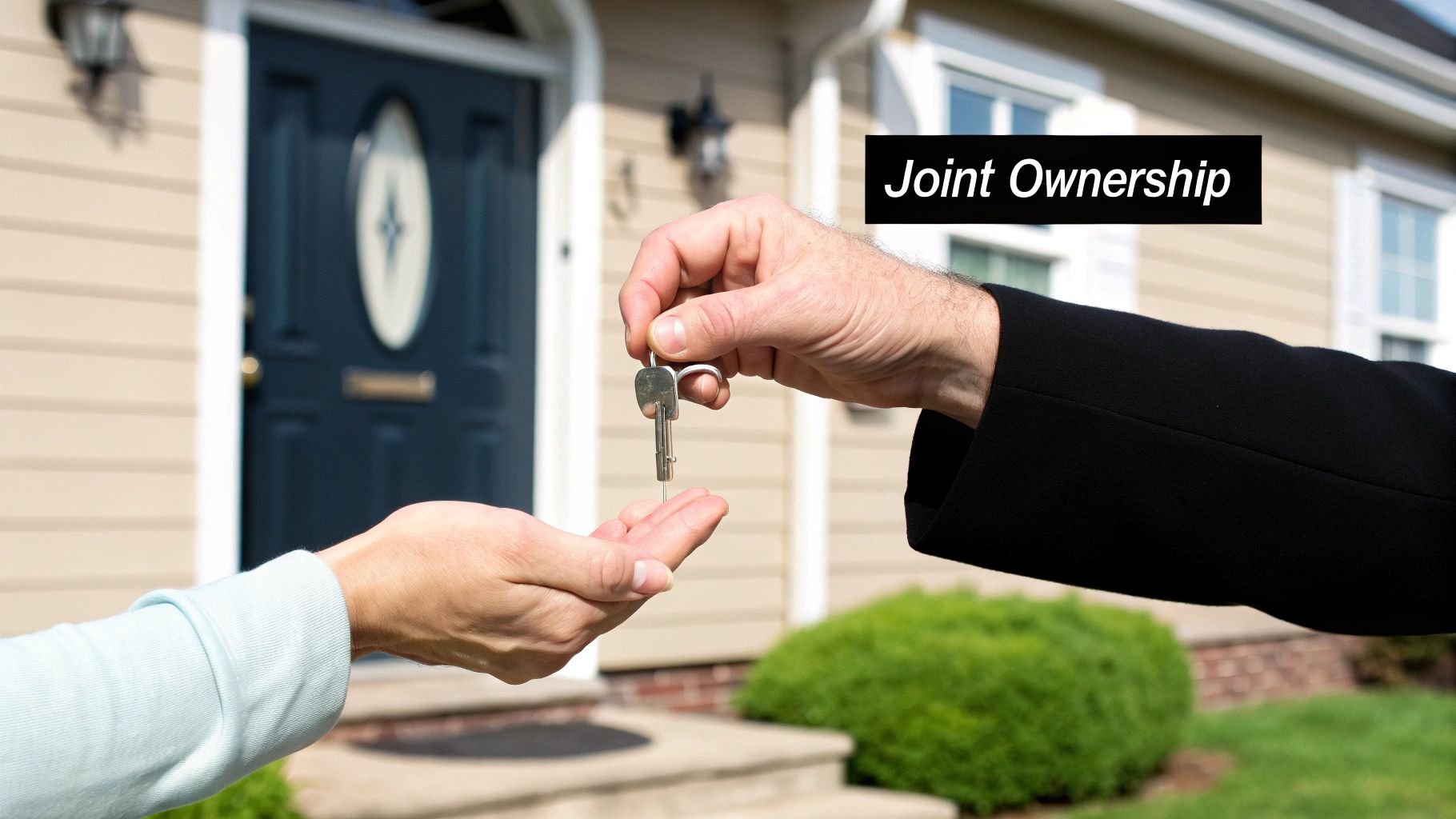 A person in a suit hands house keys to another, with 'Joint Ownership' text above a suburban house.