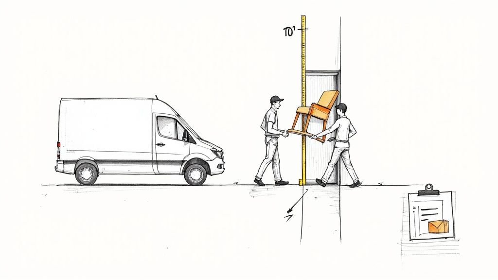 Two people carrying a chair into a building, with a white delivery van parked nearby and a 10-foot measuring stick.