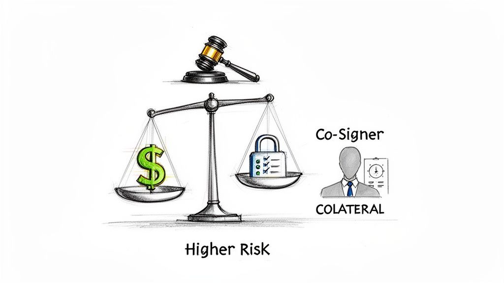 A drawing of scales balancing a dollar sign with a padlock, with a gavel, co-signer, and 'Higher Risk' text.