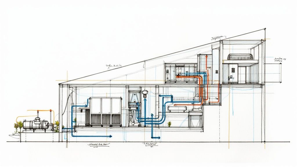 A large industrial chiller system installed on the side of a modern commercial building