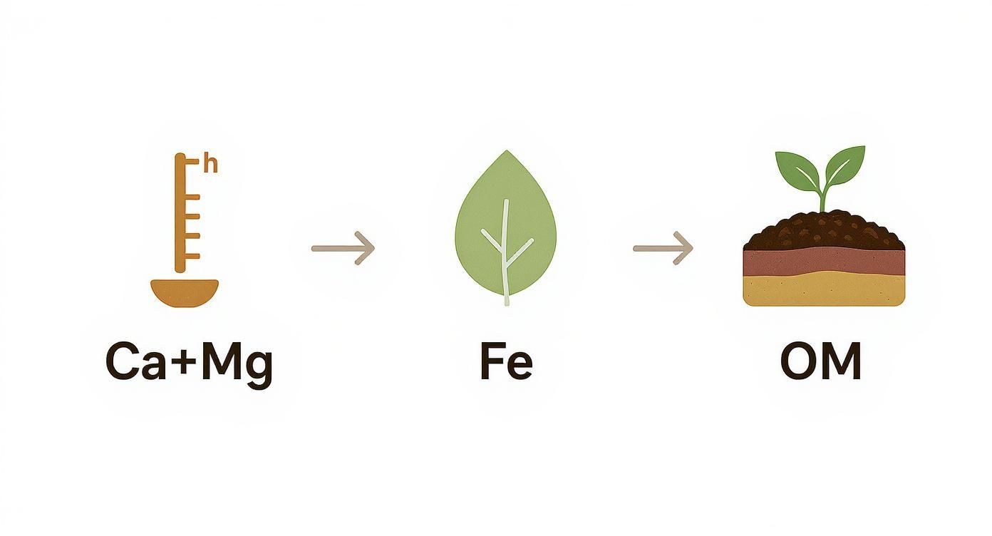 Diagram illustrating the relationship between soil pH, nutrients (Ca+Mg, Fe), and organic matter for plant growth.