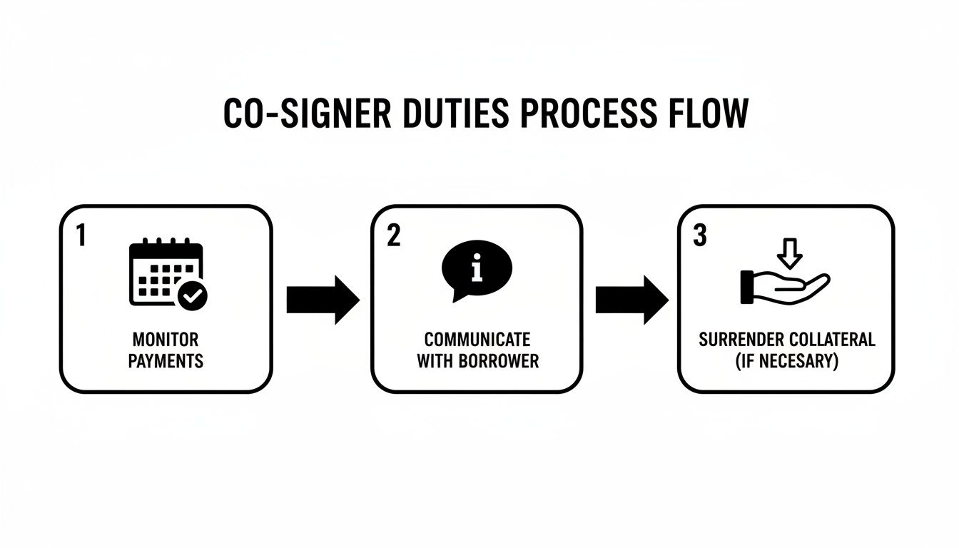 A diagram outlining co-signer duties: monitor payments, communicate with borrower, and surrender collateral.