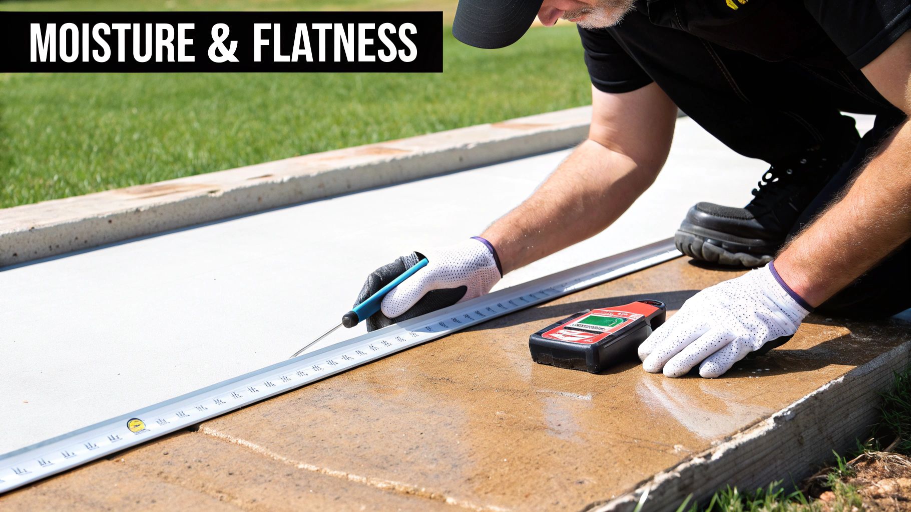 Worker using a level and moisture meter to inspect a concrete floor for installation.