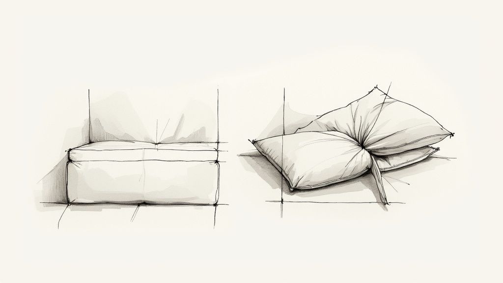 A detailed sketch showing a cushioned seat on the left and a stack of soft pillows on the right.