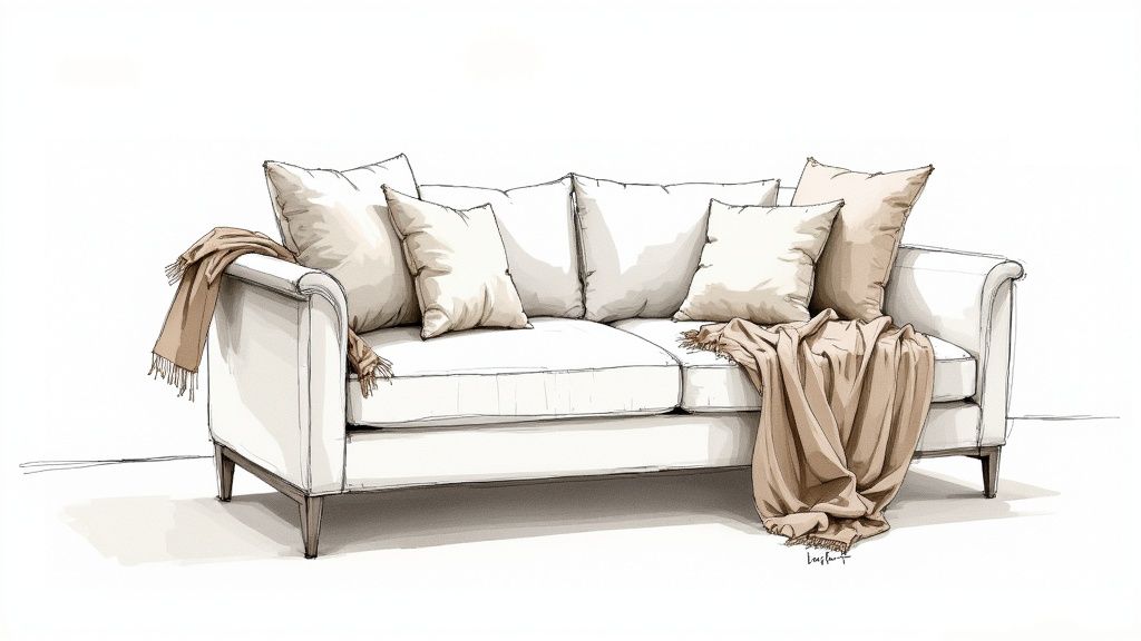 A hand-drawn sketch of a white sofa with light-colored pillows and beige throws draped over it.