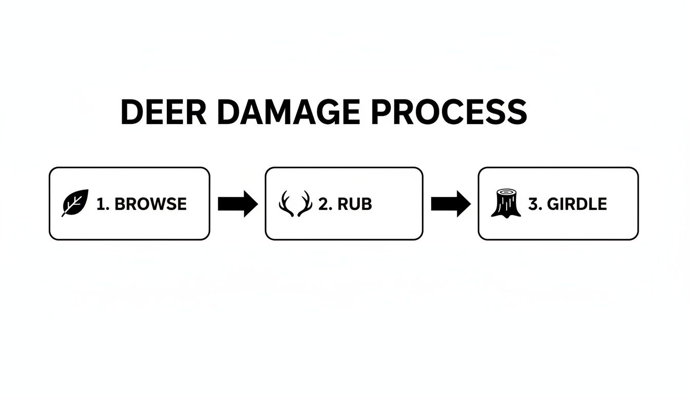 Flowchart illustrating the three stages of deer damage to plants: browsing, rubbing, and girdling.