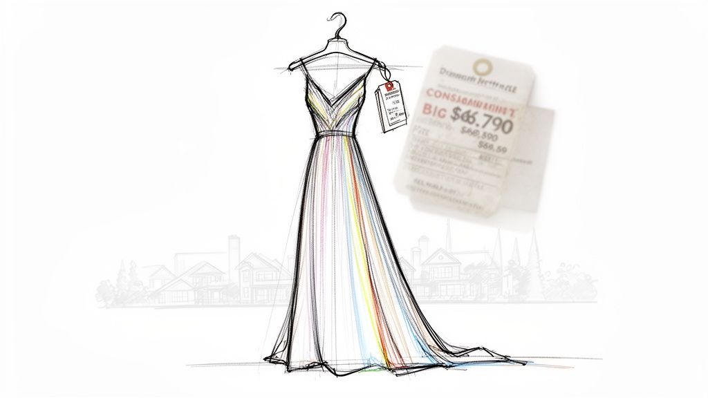 Sketch of a colorful second-hand formal dress with a high price tag and background houses.