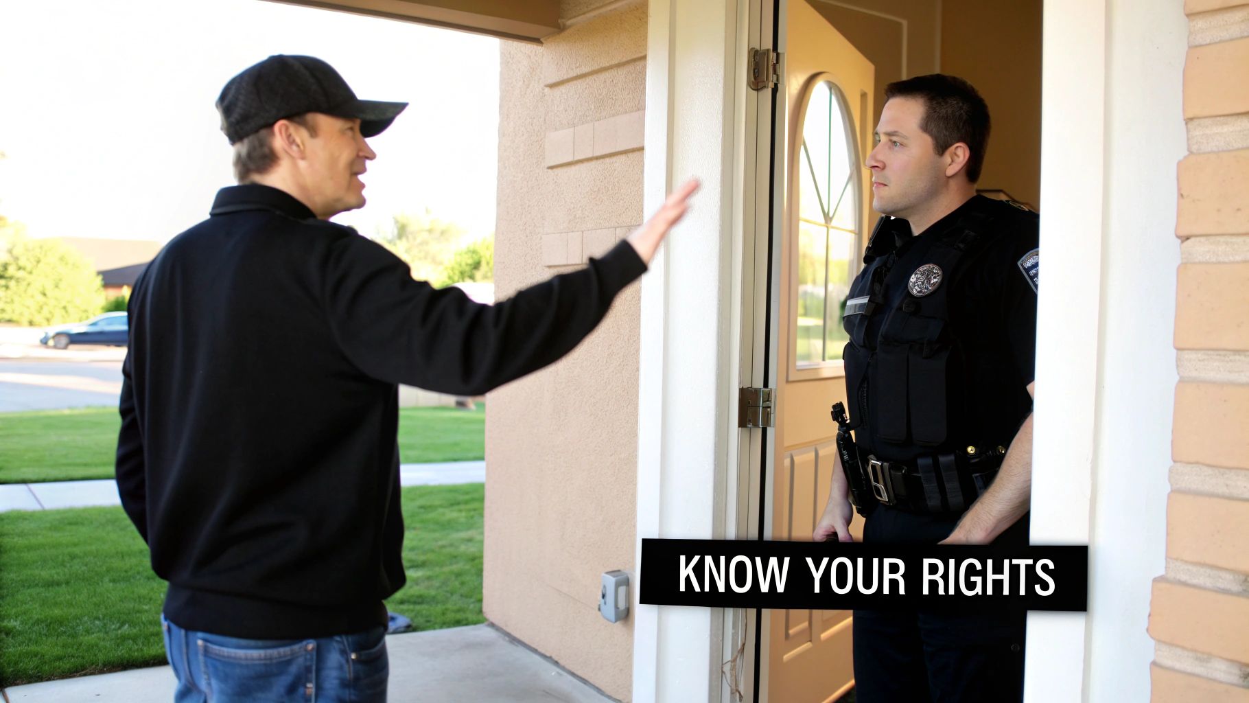 A man in a black shirt gestures to a police officer standing at a doorway, with a "Know Your Rights" banner.