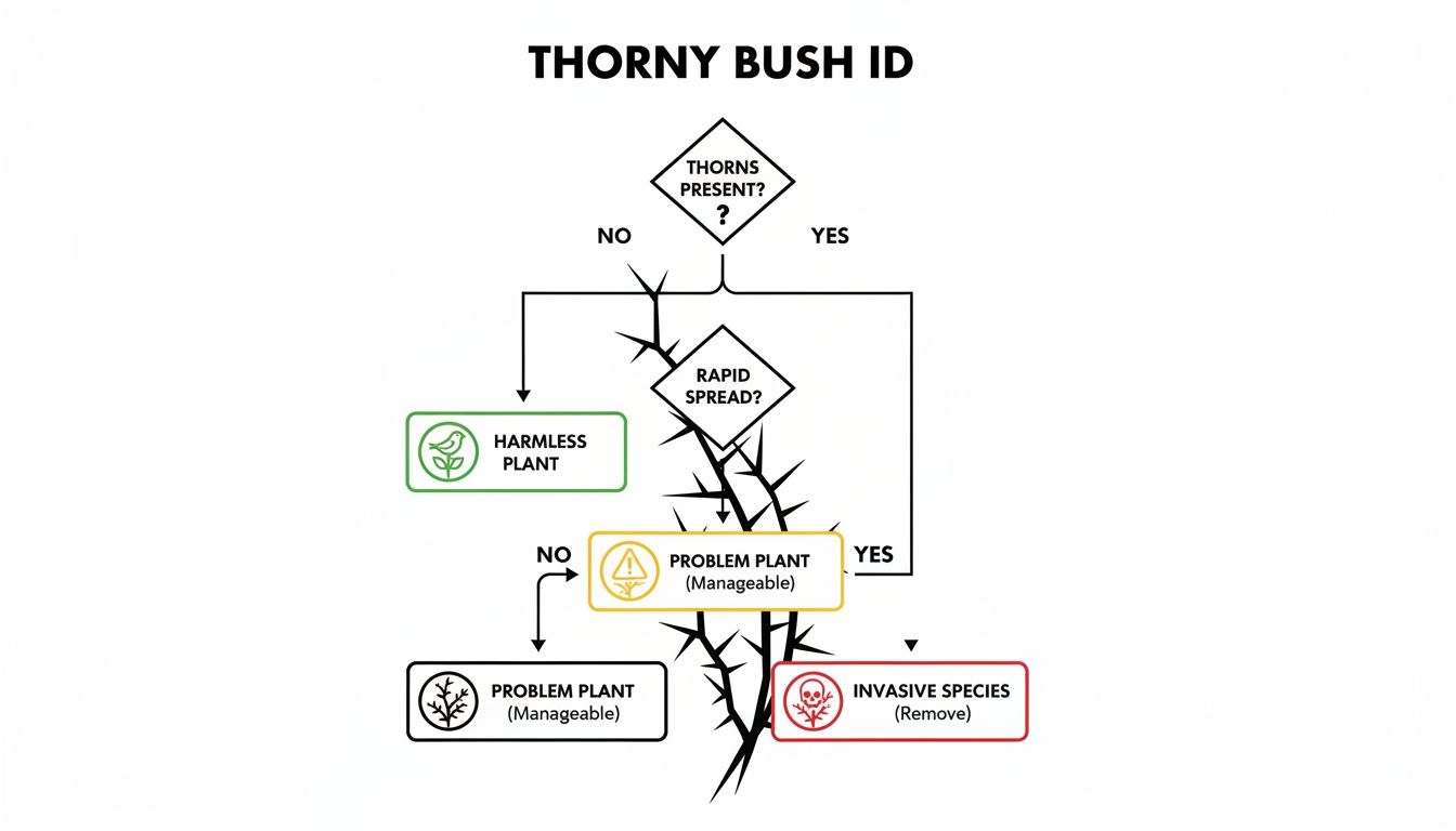 Flowchart for identifying thorny bushes, guiding users to classify plants as harmless, problem, or invasive species.