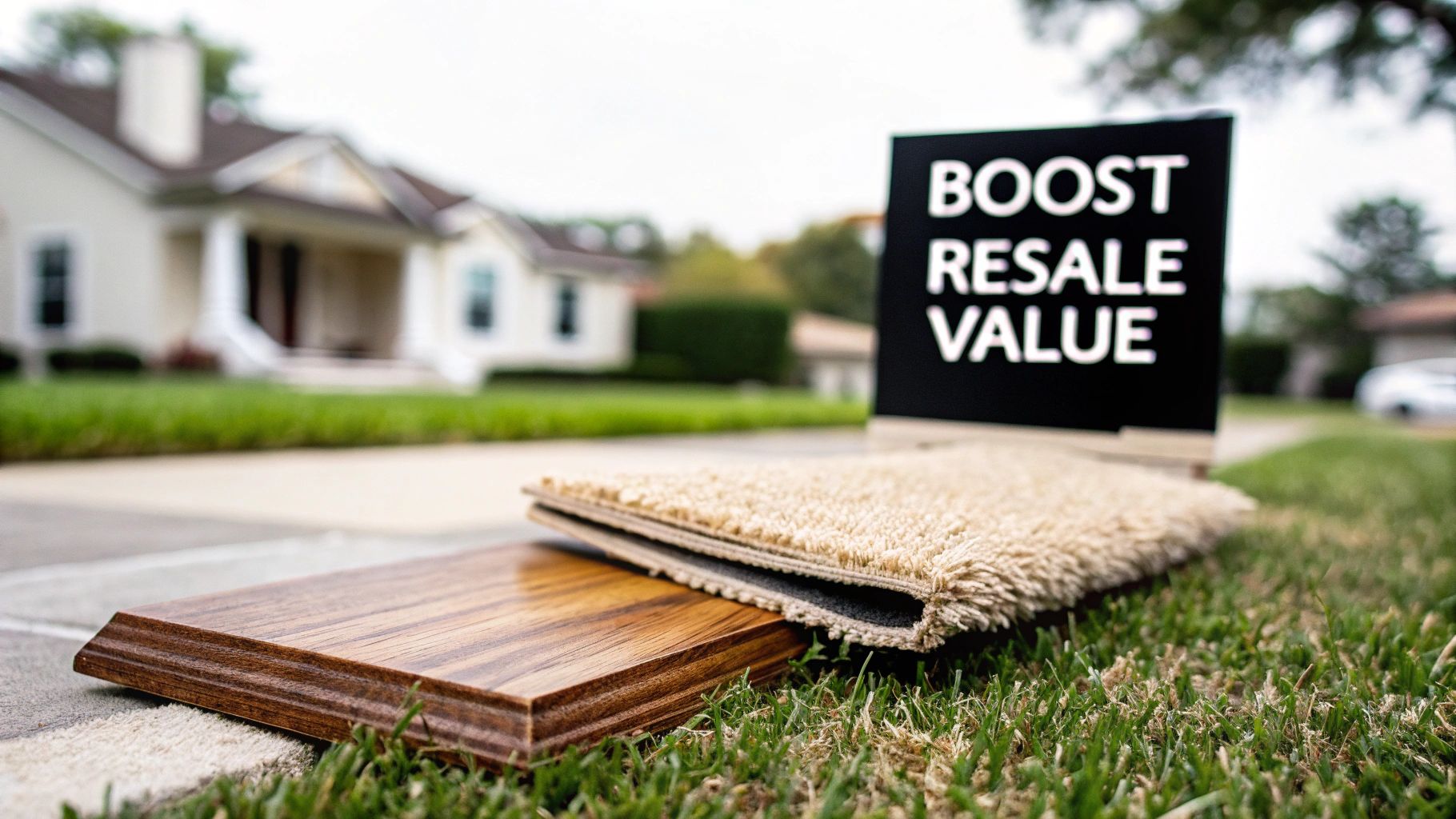 Wood flooring and carpet samples on grass with a 'Boost Resale Value' sign and a house in the background.