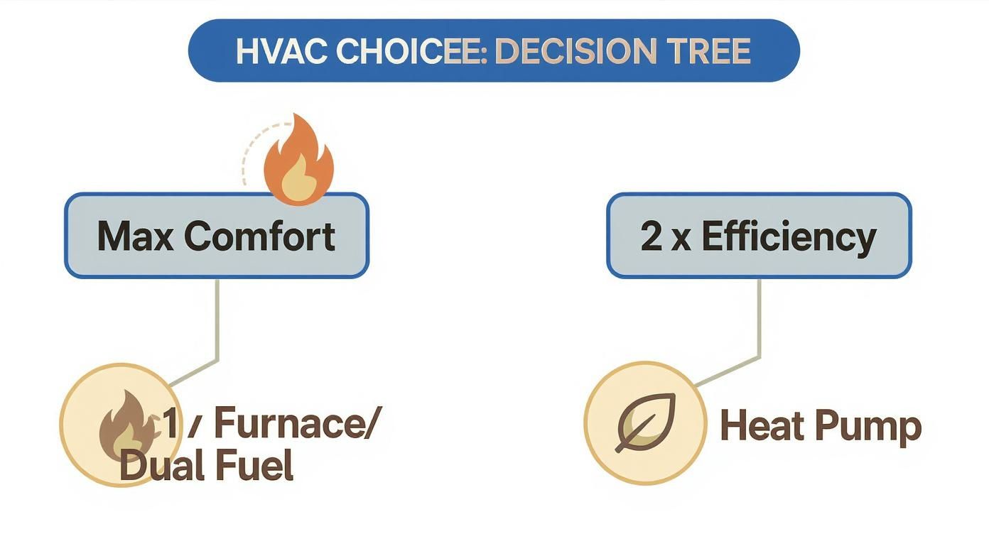 An infographic decision tree showing two paths: one for maximum comfort leading to a furnace or dual-fuel system, and another for maximum efficiency leading to a heat pump.