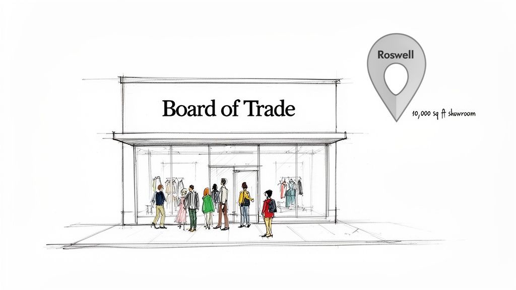 Sketch of a 'Board of Trade' showroom in Roswell with people, indicating a 10,000 sq ft space.