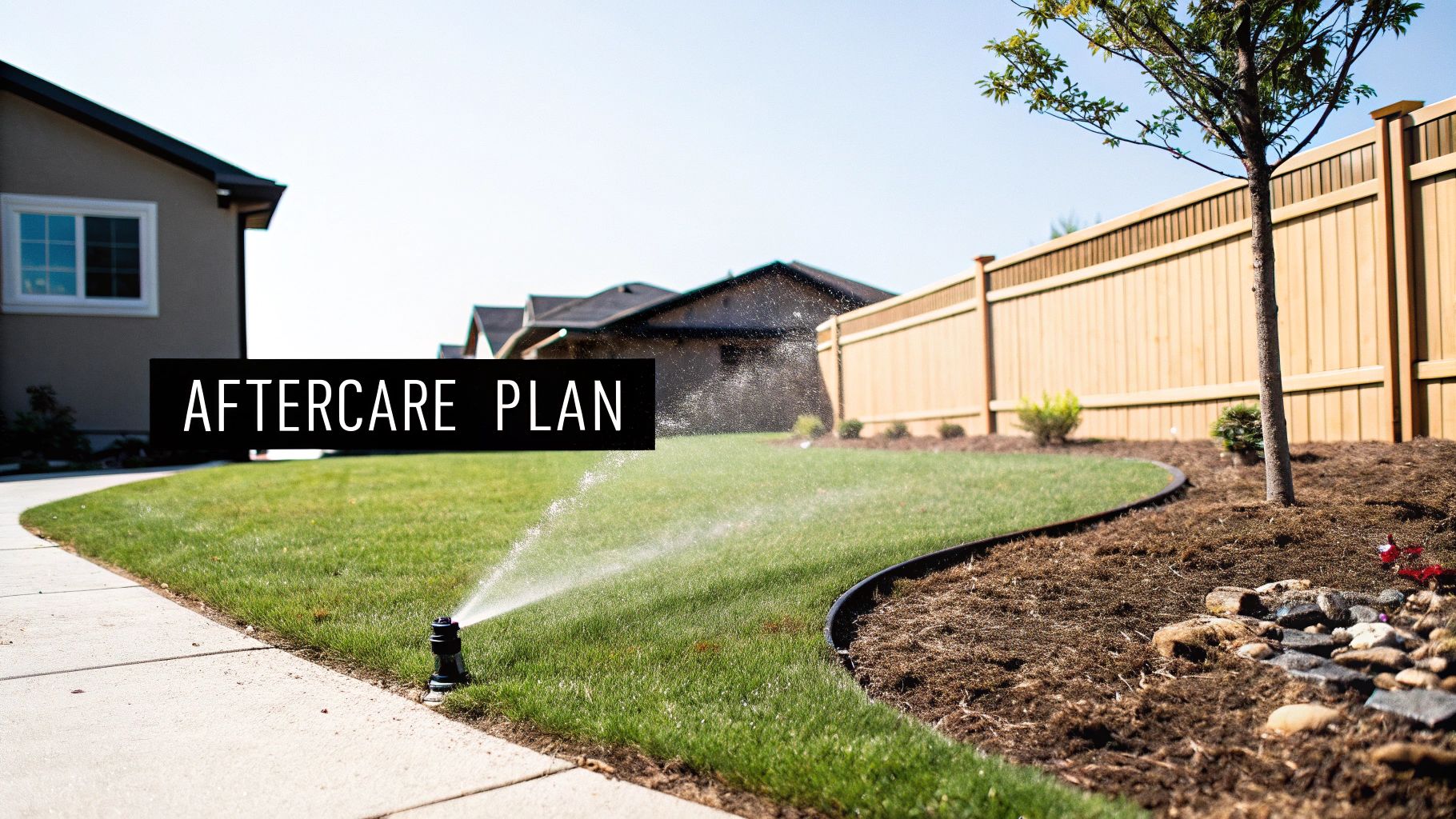 A sprinkler waters a freshly laid green lawn next to a house, with an 'AFTERCARE PLAN' text overlay.
