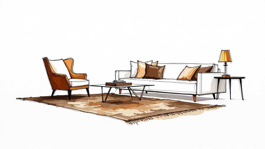 Roswell bungalow makeover featuring a vintage accent chair and modern sectional