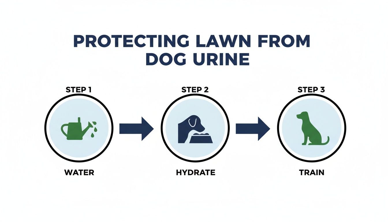 Infographic showing three steps to protect your lawn from dog urine: water, hydrate, and train.