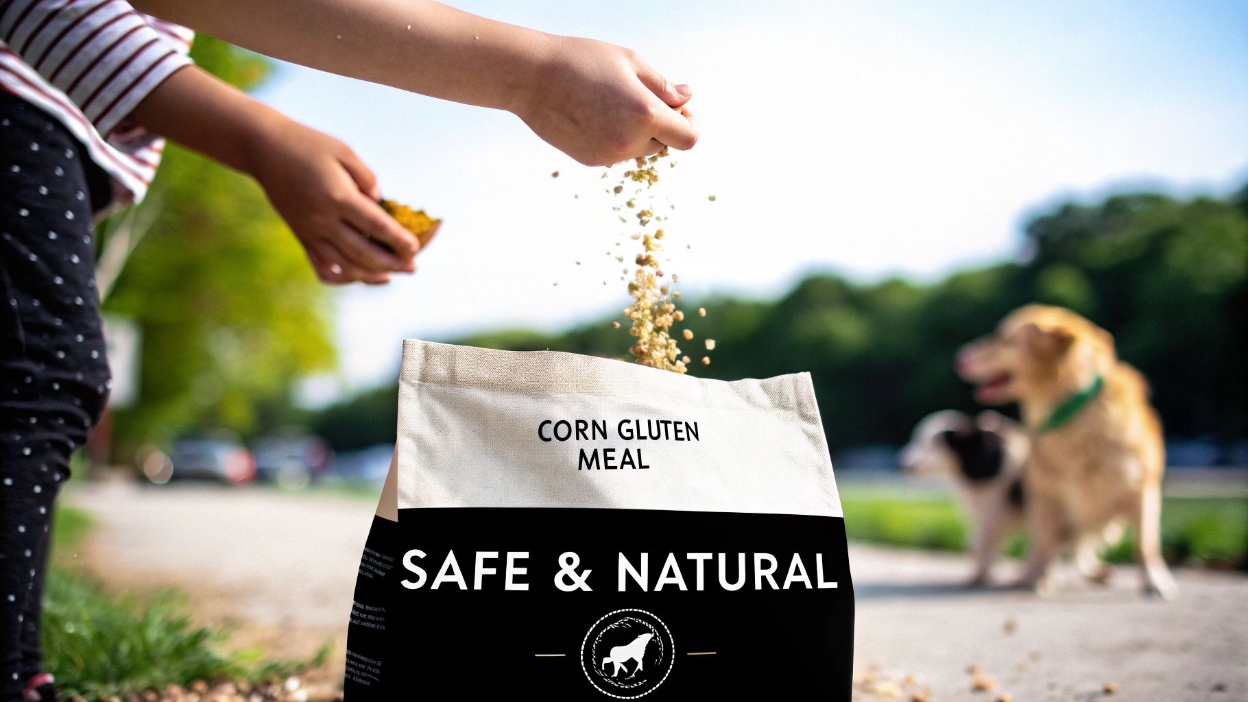 A child's hands pour corn gluten meal into a bag labeled "SAFE & NATURAL" outdoors, with dogs nearby.