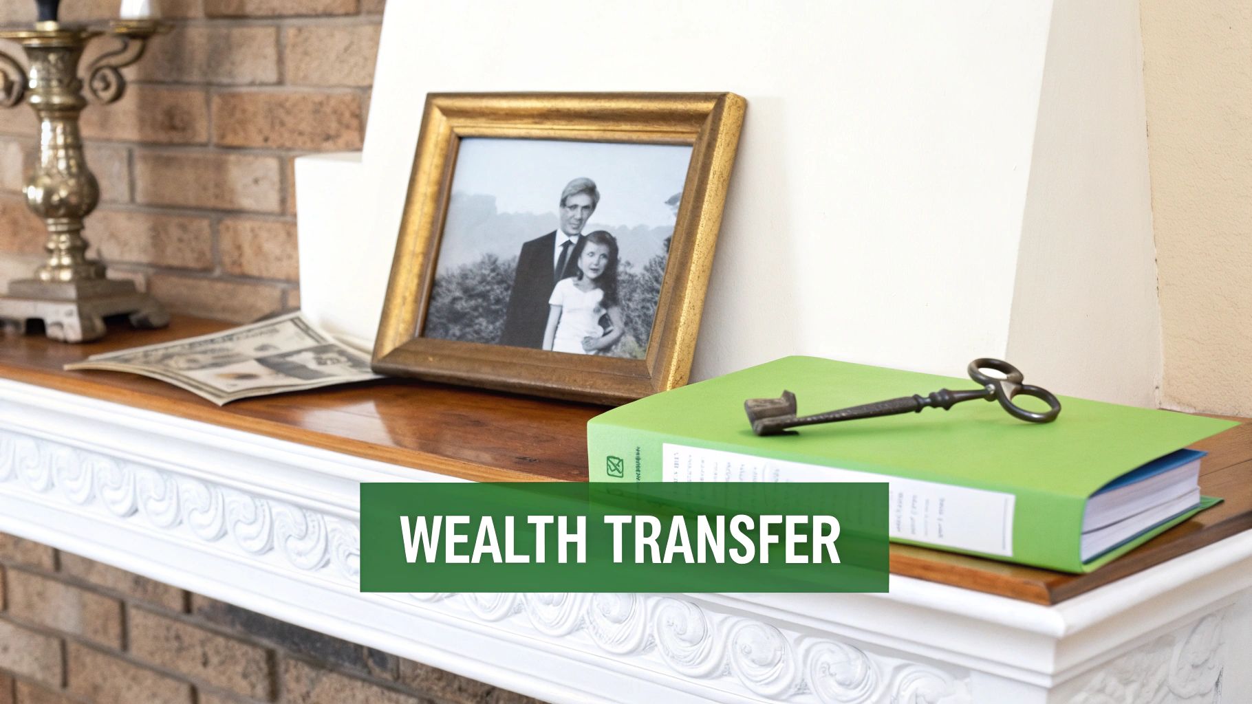 A mantelpiece with money, a framed family photo, documents, and an old key, symbolizing wealth transfer.