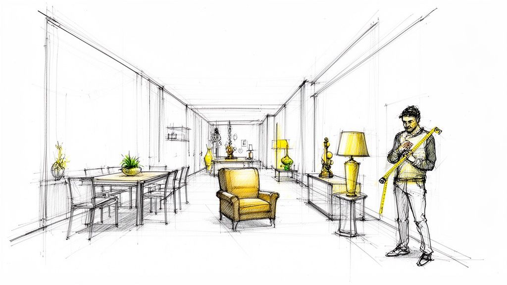 A detailed architectural sketch of a long room featuring various furniture pieces and a man measuring.