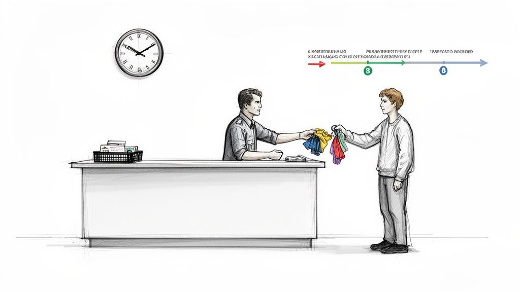 Two men exchange colorful items at a counter, with a clock and a timeline in the background.