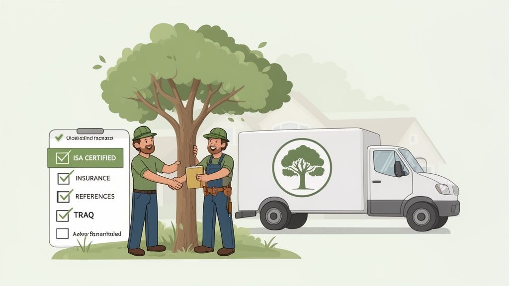Two professional arborists shaking hands near a tree and service truck, with a checklist of certifications.