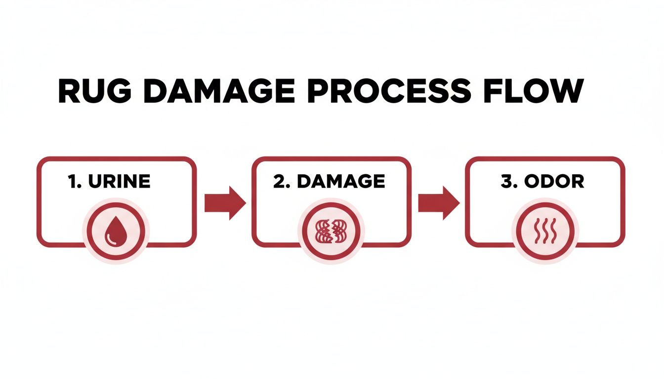 A flowchart illustrates the rug damage process: urine leads to damage, which causes odor.