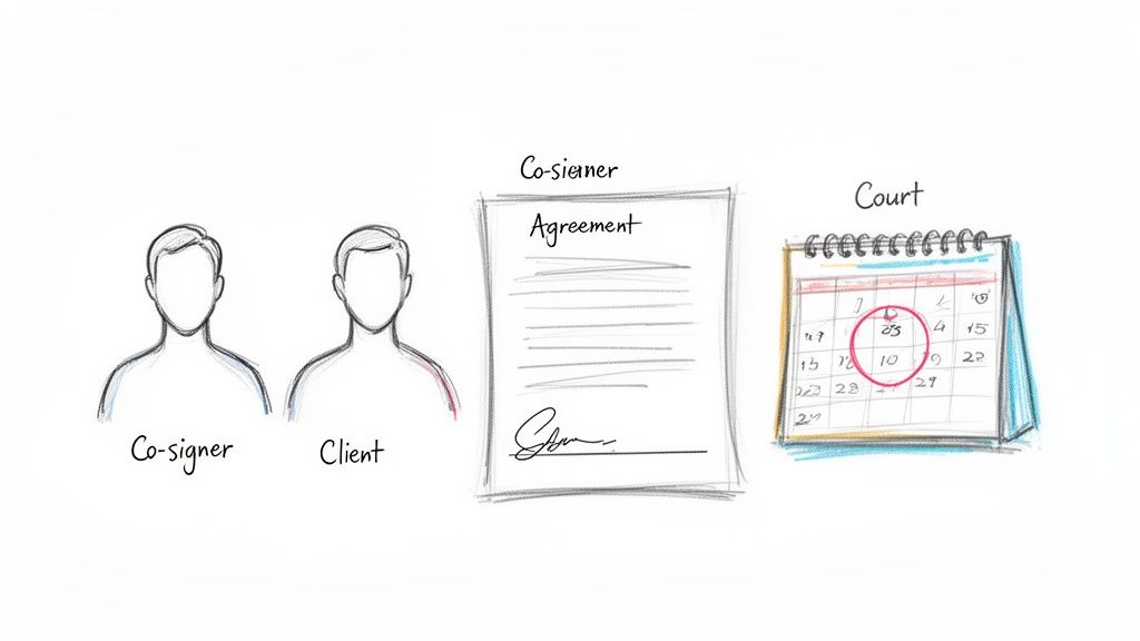 A hand-drawn illustration showing a co-signer, client, agreement, and court calendar for a legal process.