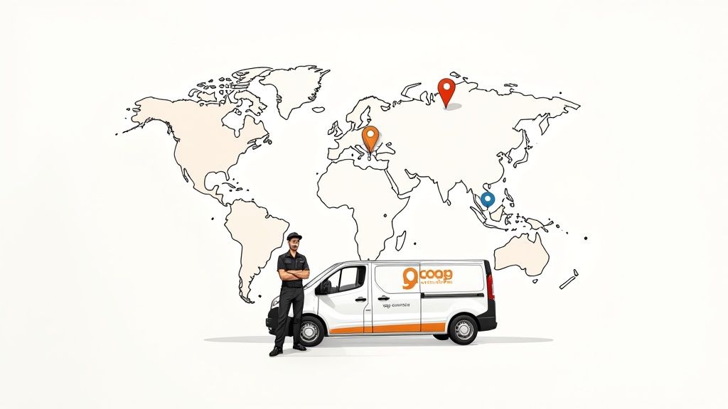 A delivery man stands beside a white van in front of a world map with global service pins.