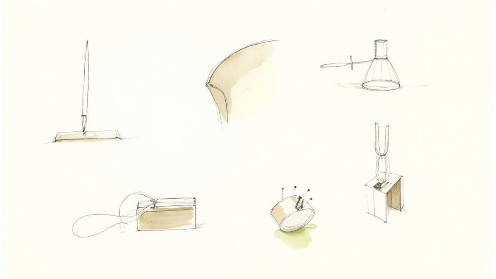 Multiple watercolor sketches illustrating various sewing notions and craft tools on a white background.