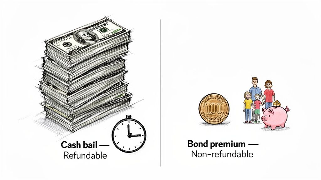 Illustration comparing refundable cash bail with a stack of money and a clock, to non-refundable bond premium with a coin, family, and piggy bank.
