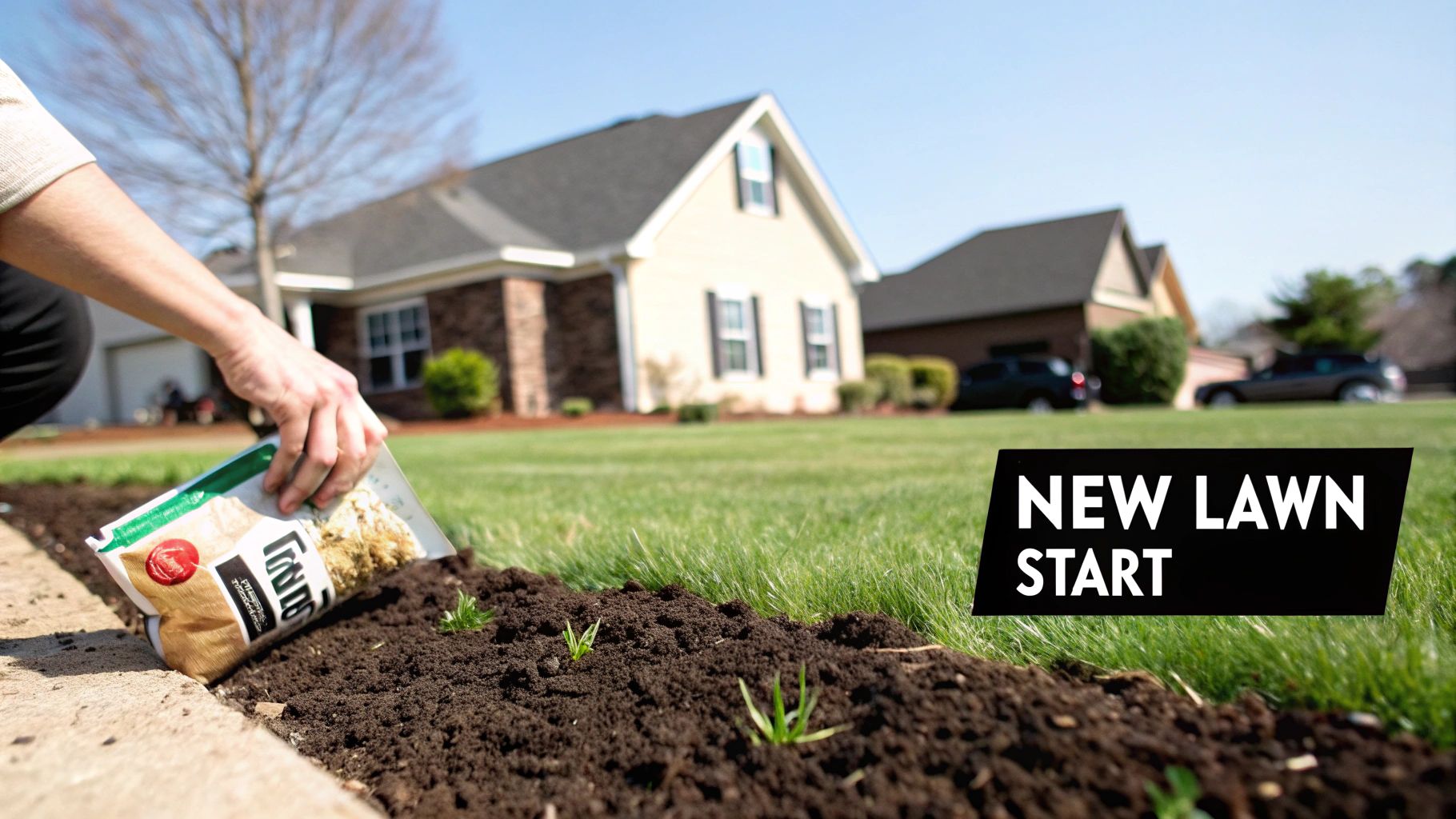 A person's hand spreading granular product from a bag onto soil to start a new lawn.