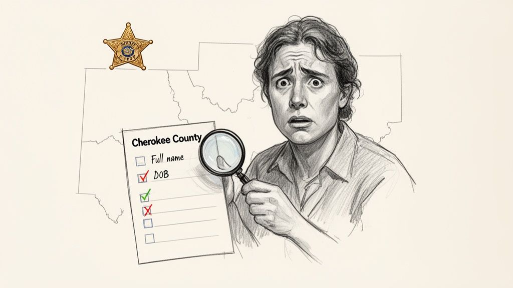 A worried person uses a magnifying glass to search county records for personal information, next to a sheriff badge.