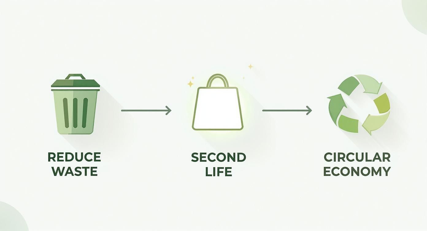 Diagram showing 'Reduce Waste' (trash can) to 'Second Life' (shopping bag) to 'Circular Economy' (recycling symbol).