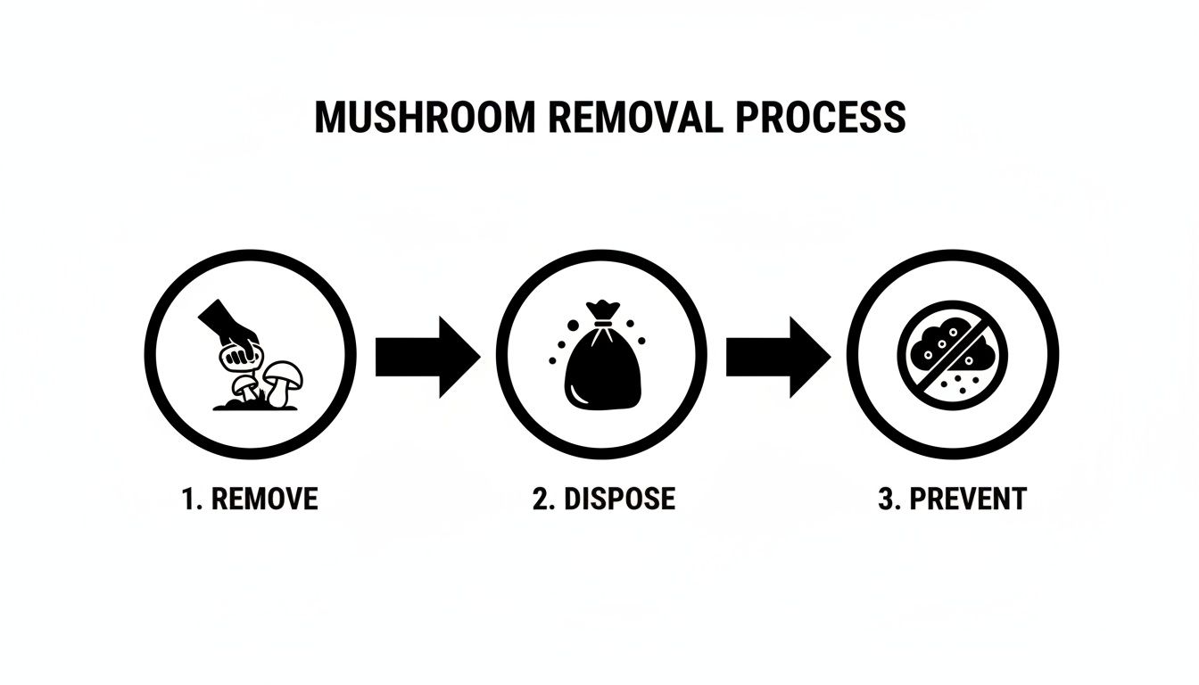 A three-step infographic showing how to remove, dispose of, and prevent unwanted mushrooms.