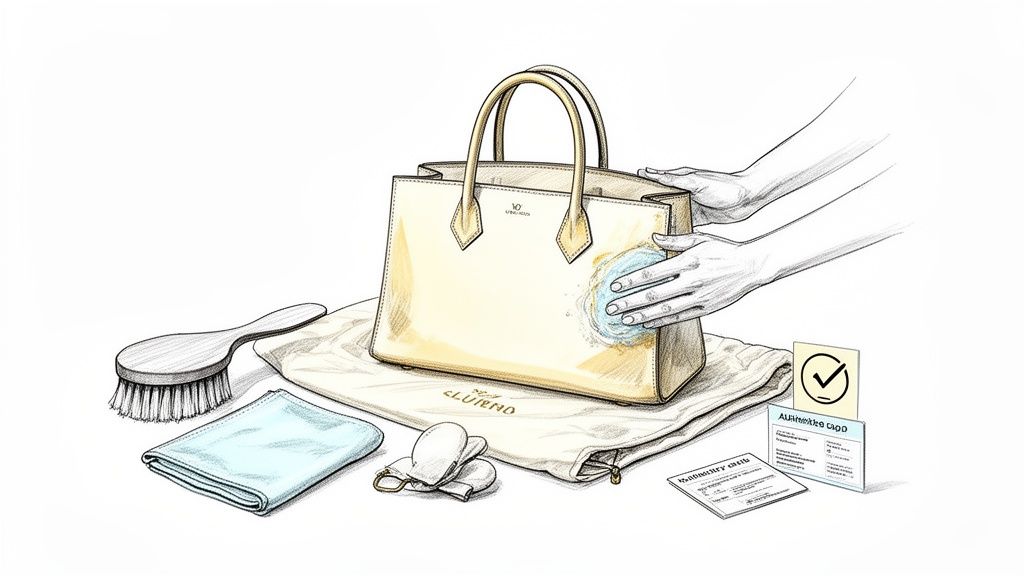 Hands carefully cleaning a luxury handbag with a sponge, alongside a brush and care cards.
